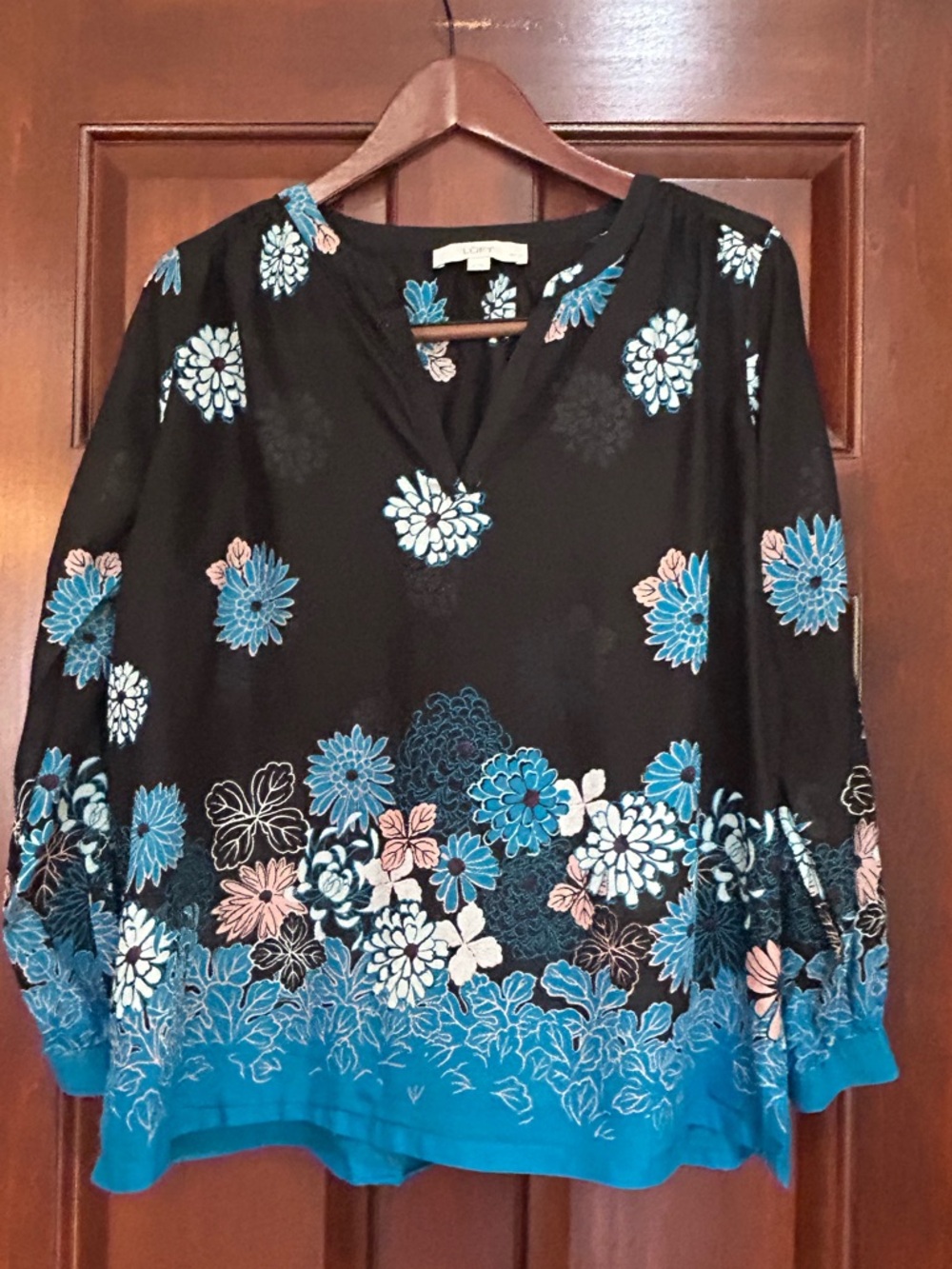 LOFT Petite Floral Blouse Black Blue Long Sleeve Split Neck Top PM